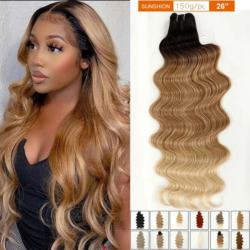 Magicae 150g/pc Dark Root Blonde Synthetic Hair Extension 26“ Ombre Body Wave Hair Weave Bundles High Temperature Highlight 613