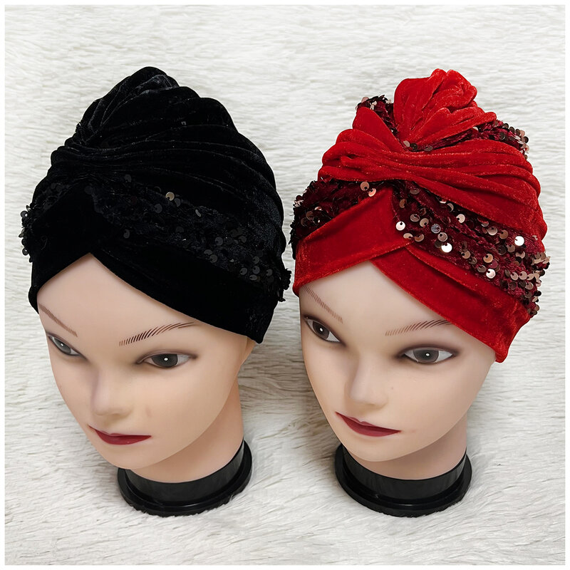 Großhandel 6/12 elegante Pailletten Turban Hut Frauen Kappe Perlen für Indien Hut Schals Kopf wickel Stirnband Mädchen Haarschmuck Dame