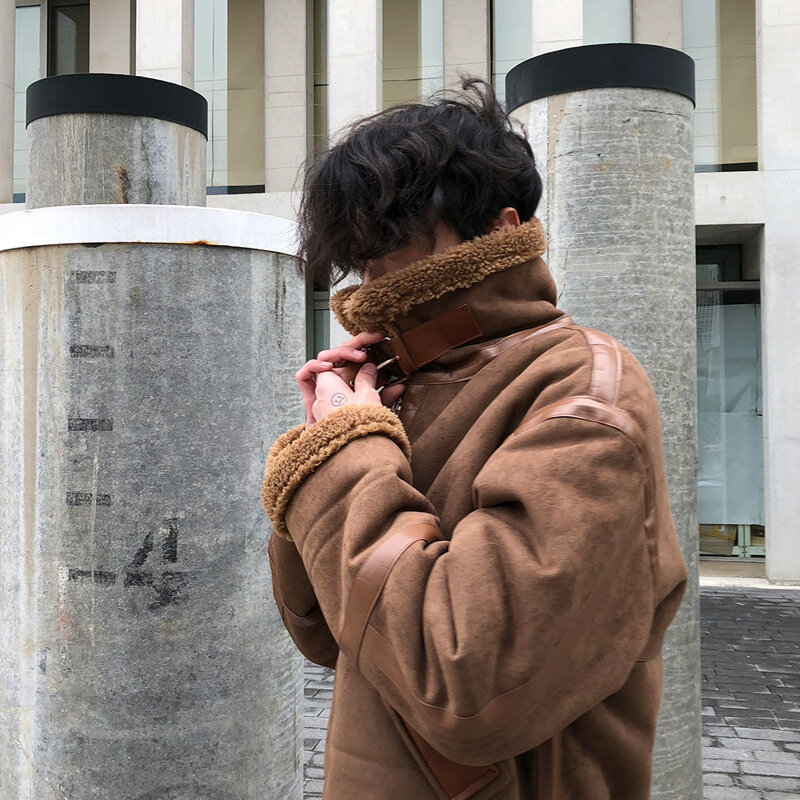 Veste en coton tendance d'hiver, veste en cachemire d'agneau, veste en peluche, veste de moto coréenne en daim pour hommes