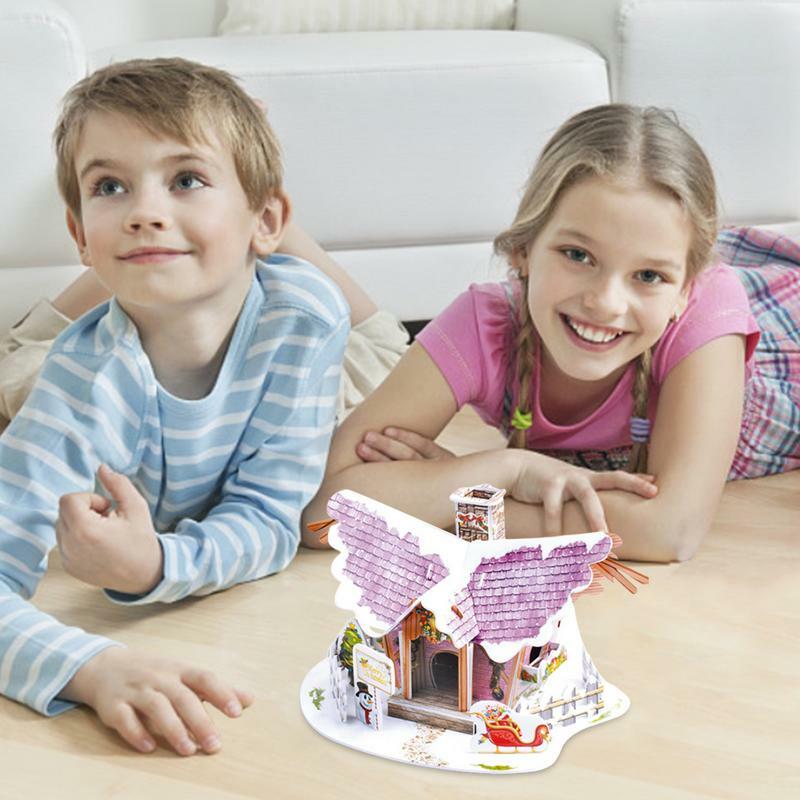 Kit Model dekorasi Natal puzzle 3D Natal, Kit Model Dekor Natal kota kecil tema adegan salju putih untuk anak dan dewasa