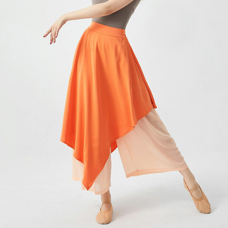 Calças de dança folclórica chinesa de dança clássica para mulheres, calças largas, 2 camadas, rima corporal fada dancewear, saia