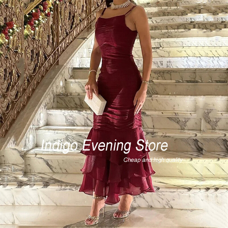 Платье для выпускного вечера цвета индиго, шифоновое элегантное вечернее платье с квадратным вырезом, на бретелях-спагетти, в несколько рядов, длиной до щиколотки, для женщин
