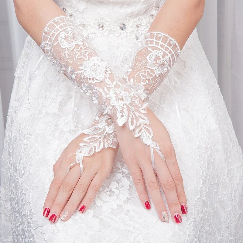 Перчатки кружевные, белые, без пальцев, с жемчугом, для невесты, 2022