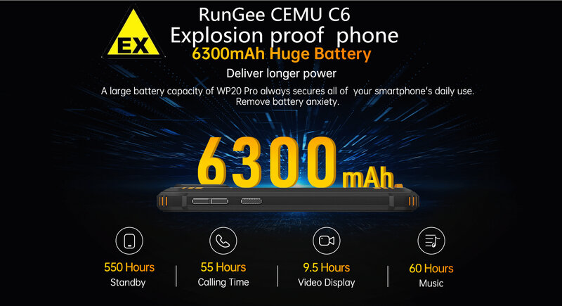 Rungee-C6 Smartphone robusto, telefone móvel à prova de explosão, 5.93 "HD, 4G, 64G, 6300 mAh, Android 12, 20M Quad Core celular