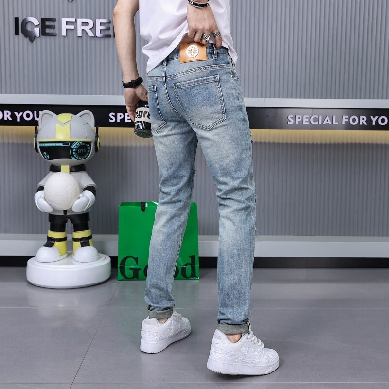 Ripped Jeans for Men2024New Summer Thin Slim Fit Stretch Embroidery Fashion High-End Affordable Luxury Long Pants