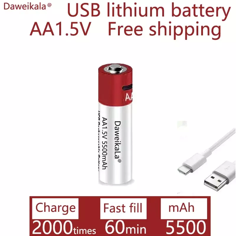 Daweikala jam tangan baterai AA USB isi ulang baterai Li-ion 1.5V AA 5500mah / Li Ion untuk mainan pemutar MP3 termometer Keyboard