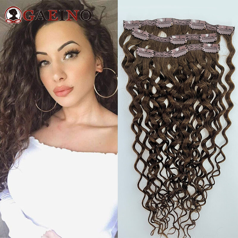 Ekstensi rambut gelombang air klip dalam rambut manusia 3 buah/set kastanye coklat rambut alami penjepit keriting ekstensi Ins untuk wanita 14-28 inci