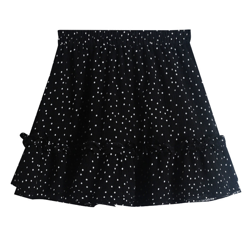 Rok pendek berlipat renda titik putih romantis manis rok Mini wanita musim panas hitam elegan elastis pinggang tinggi kue A-line NS5862
