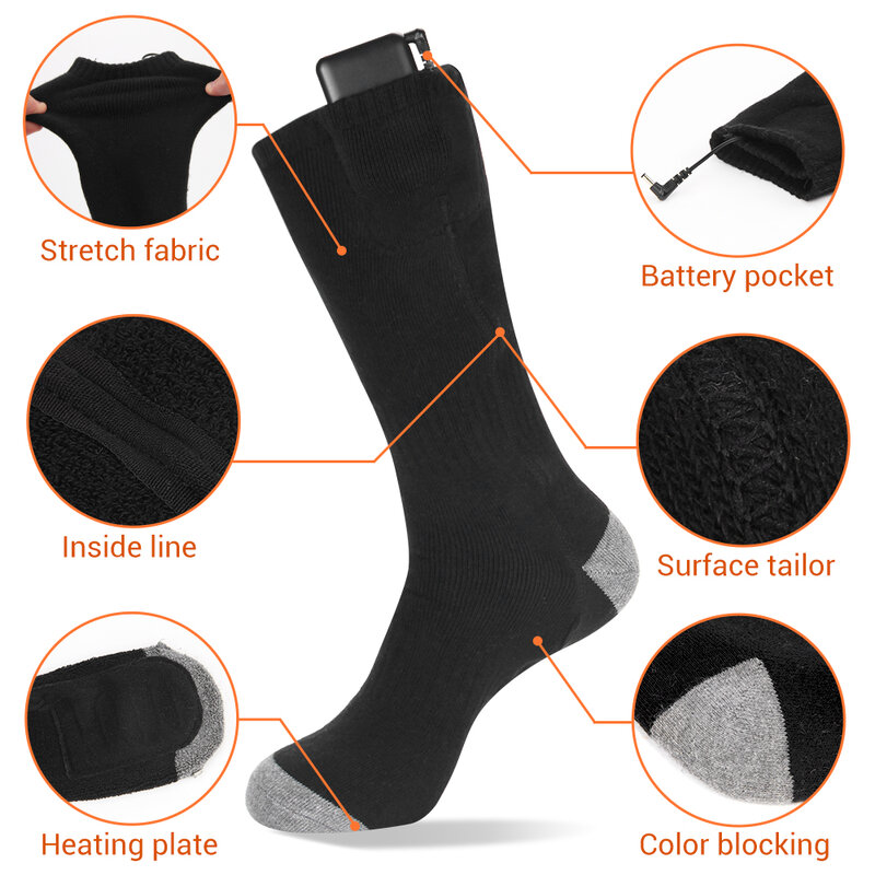 Unisex elétrico recarregável aquecido meias, temperatura ajustável, pé mais quente, térmico, camping, esqui, quente, inverno