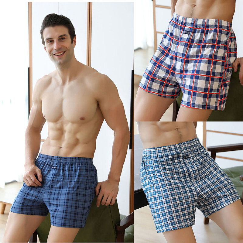 Pantalones de Pijama de 100% algodón para Hombre, pantalones cortos de dormir de cintura elástica a cuadros, informales, transpirables, 3D con entrepierna, 3 unids/lote por paquete