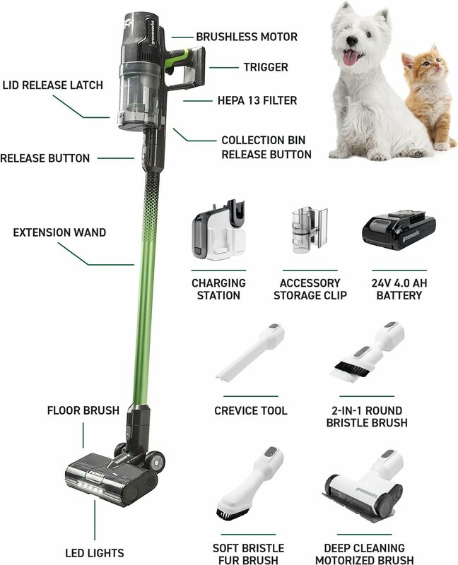 Greenworks-Brushless Cordless Vacuum Stick, Lightweight, Handheld, Pet, Anti-alérgeno, Filtração HEPA, 4Ah Bateria, 24V