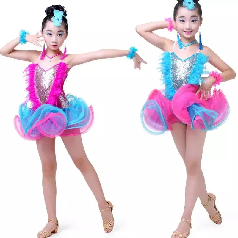 Ragazze Jazz Dancewear Costume Kids Child Dancing Tutu Dress Clothes for Girls Modern Latin sequened Ballroom Party Dancing Dress