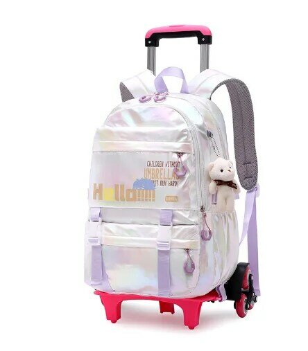 女の子のための学校のカートのバックパック,車輪付きのランドセル,ブックバッグ
