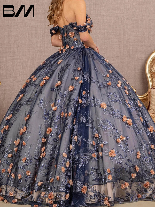 Блестящее бальное платье Quinceanera с открытыми плечами, платье для выпускного вечера с 3D цветочной аппликацией, милое платье 16, вечернее платье на заказ