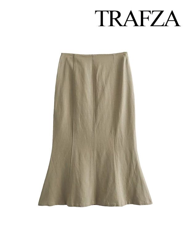 TRAFZA Women Summer Long Skirts Solid High Waist Zipper Ankle-Length Skirts Female Fashion High Street Style Trumpet Skirts