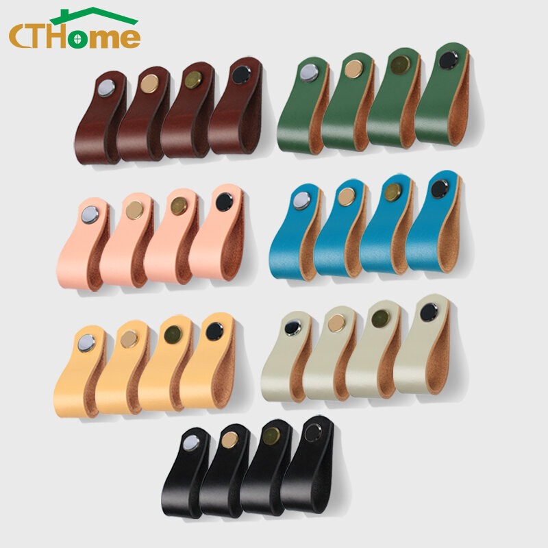 1PCS Northern European-Style Cowhide Small Wardrobe Drawer Door Pull Genuine Leather Kitchen Cabinet Handles Furniture Knobs