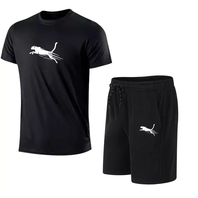 Summer Men's Short Sleeve Suit Fitness Fashion Casual Shorts Sportswear Men's Mesh T-Shirt + Shorts 2-Piece Set S-4XL
