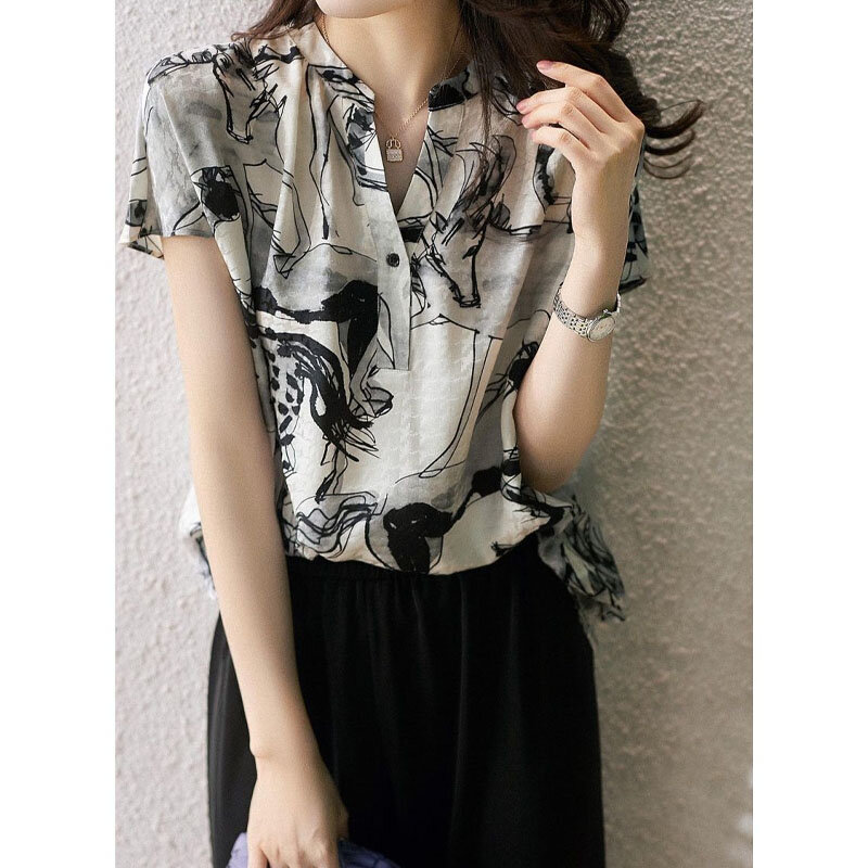 Модная шифоновая блузка с V-образным вырезом и винтажным принтом, женская одежда, лето 2023, Повседневная яркая универсальная рубашка с коротким рукавом