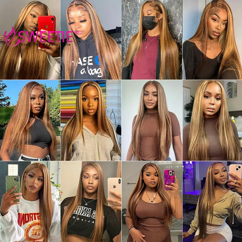 34Inch Bone Straight Highlight Lace Front Human Hair 4/27 Ombre 13x6 Lace Frontal Wigs 13x4 Honey Blonde Colored Wigs For Women
