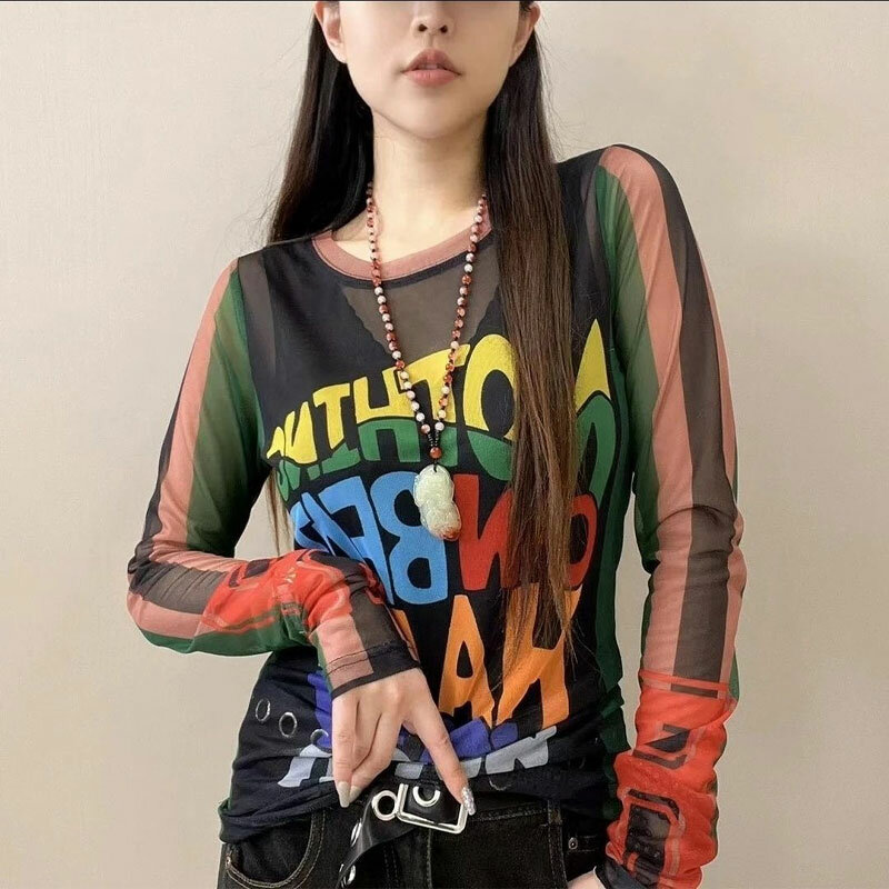Casual Letter Printed T-shirt Fashion Gauze Sheer Long Sleeve Spring Summer High Street Female Clothing Round Neck Pullovers New