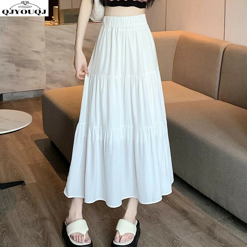 2024 Frühling/Sommer koreanische Ausgabe neue einfarbige hohe Taille plissierte Eleganz schlanke A-Linie halblanges Kleid