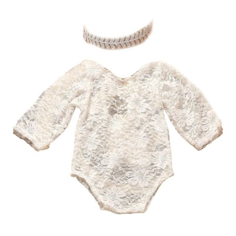 Baby Lace Romper dengan Headband Newborn Photography Props Backless Mesh Bodysuit for Baby Photoshoot Baby Outfit Set 1560