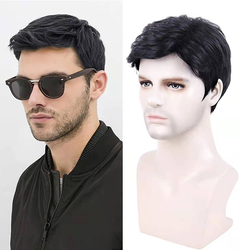 Synthetic Men Short Straight Wig Black for Male Hair Fleeciness Realistic Natural Headgear Hair Heat Resistant for Daily Party