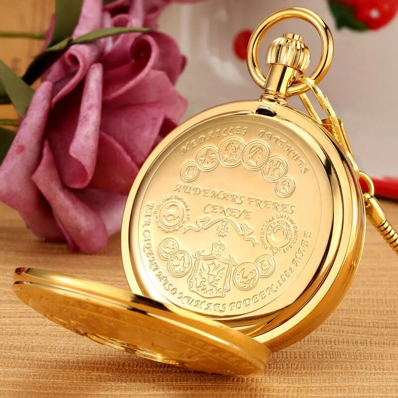Gift Box Automatic Men's Mechanical Pocket Watch Gold Copper Double Sides Cover Fob Chain Antique Self Winding Timepiece Male