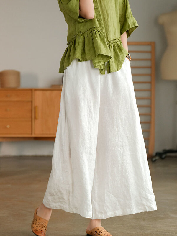 Pantalones holgados de lino y algodón 2024 para mujer, pantalón Capri informal de pierna ancha, color morado, suave, para correr