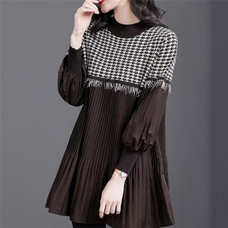 Spring Summer Knitwear Dress Women 2024 New Round Collar Sweater Join Together Pullover Fashion Puff(ed) Sleeves Top Female