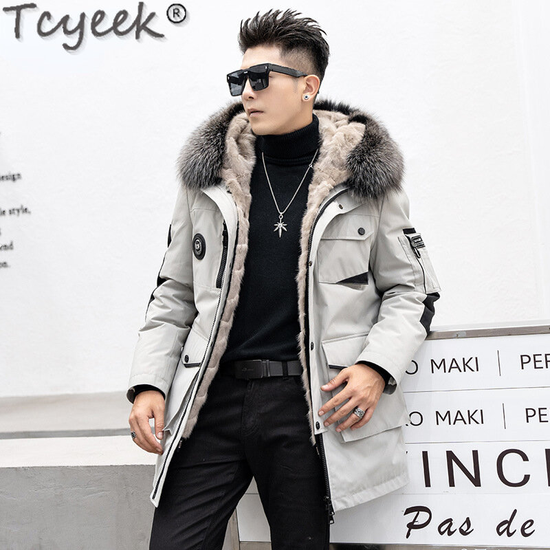 Tcyeek Natural Mink Fur Coat Men Winter Jacket Fashion Mid-length Parka Slim Fit Real Fur Coats Man Hooded Fox Fur Collar
