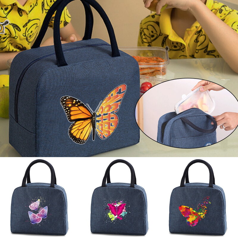Cooler Bag Picnic Lunch Insulated Ice Pack Butterfly Print Portable Food Thermal Bag Food Storage Bento Pouch Dinner Container