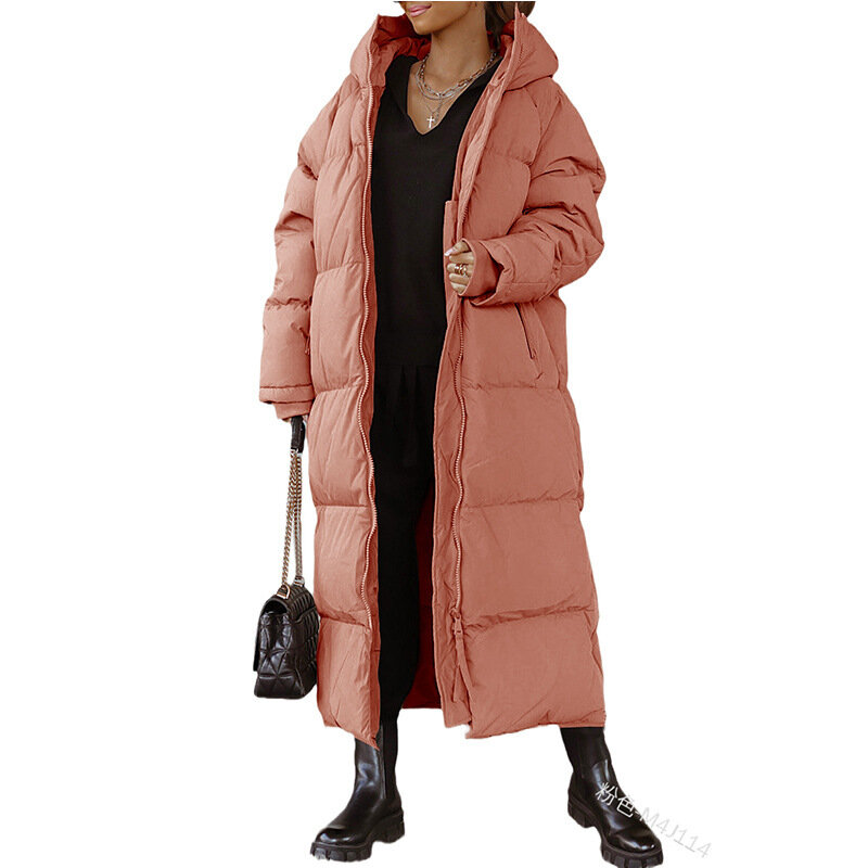 Однотонное длинное хлопковое пальто с капюшоном, модное повседневное женское пальто на молнии с длинным рукавом