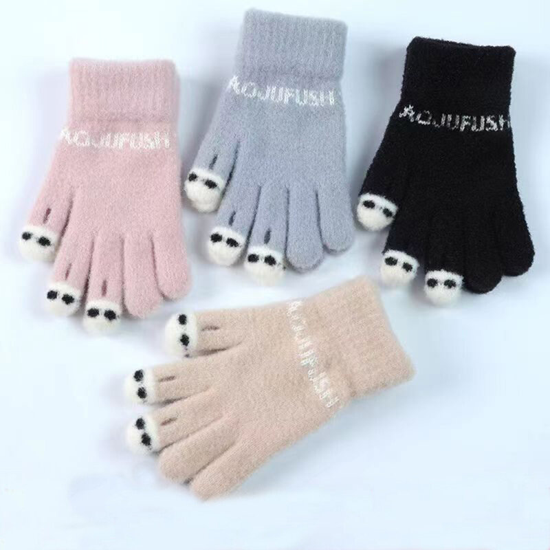 Cartoon Panda Gloves Winter Warm Open Finger Gloves Women's Cute Full Finger Touch Screen Gloves Gloves Outdoor Knitted Gloves