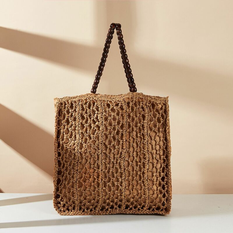 Sacola frisada de madeira para viagens, Crochet oco, bolsa de ombro Handmade Knitting Bolsas de praia Corda de papel Sacos de palha, 2024
