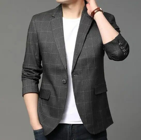 Blazer xadrez com padrão masculino, peito único, blazers de mistura de algodão, casaco formal, manga comprida, ternos de noivo, novo, ABB327