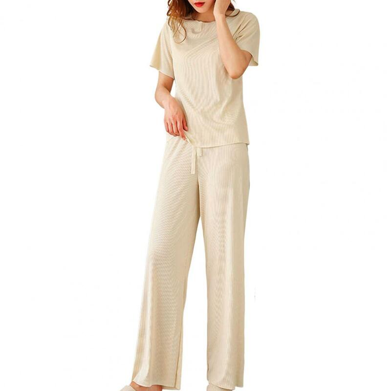 2Pcs/Set Women Sleepwear Set Colorfast O-neck Short Sleeve Leisure Outfit  Ice Silk T-shirt Elastic Waistband Pants Loungewear