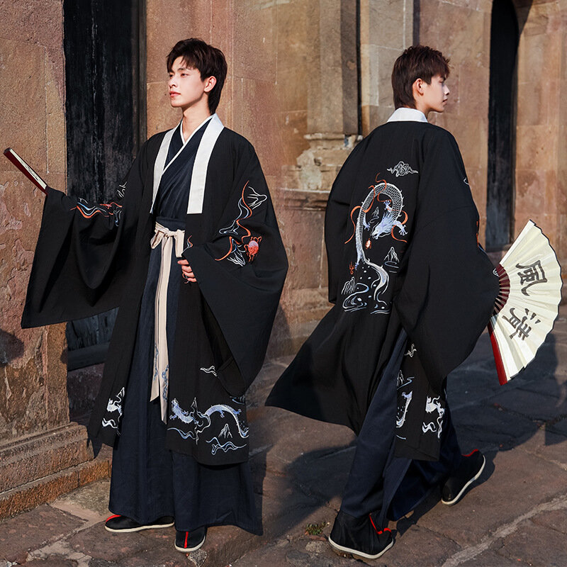 Fashion Dragon Patterned Samurai Kimono Set, Harajuku Retro Men's Traditional Japanese Clothing Set, Chinese Hanfu Performance
