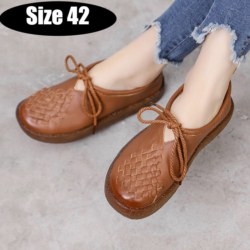 Women Leather Shoes Light Single Shoes Non-slip Mother Comfortable Ladies Weave Handmade Flat Soft Bottomed Footwear