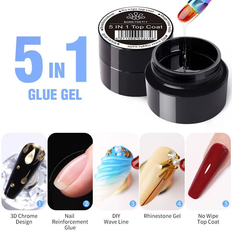 BORN PRETTY 5 in1 Glue Gel Reinforcement Gel No Wipe Top Coat Manicure UV LED Soak Off Nail Gel Varnish 3D Chrome Design