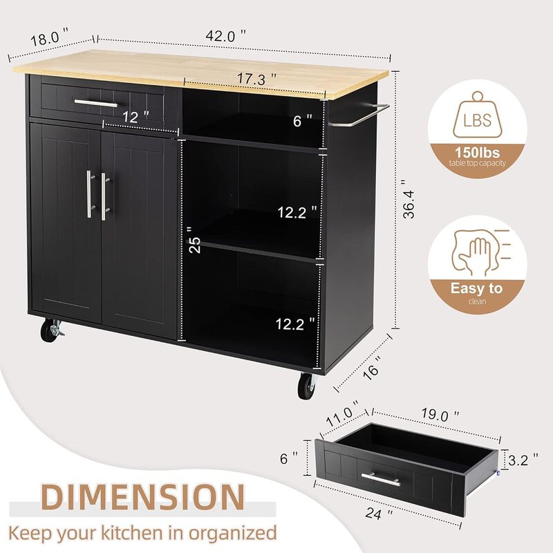 Shintenchi Kitchen Island Cart with Storage,Rolling Kitchen Island Side Table on Wheels with Large Worktop,Storage Cabinet,