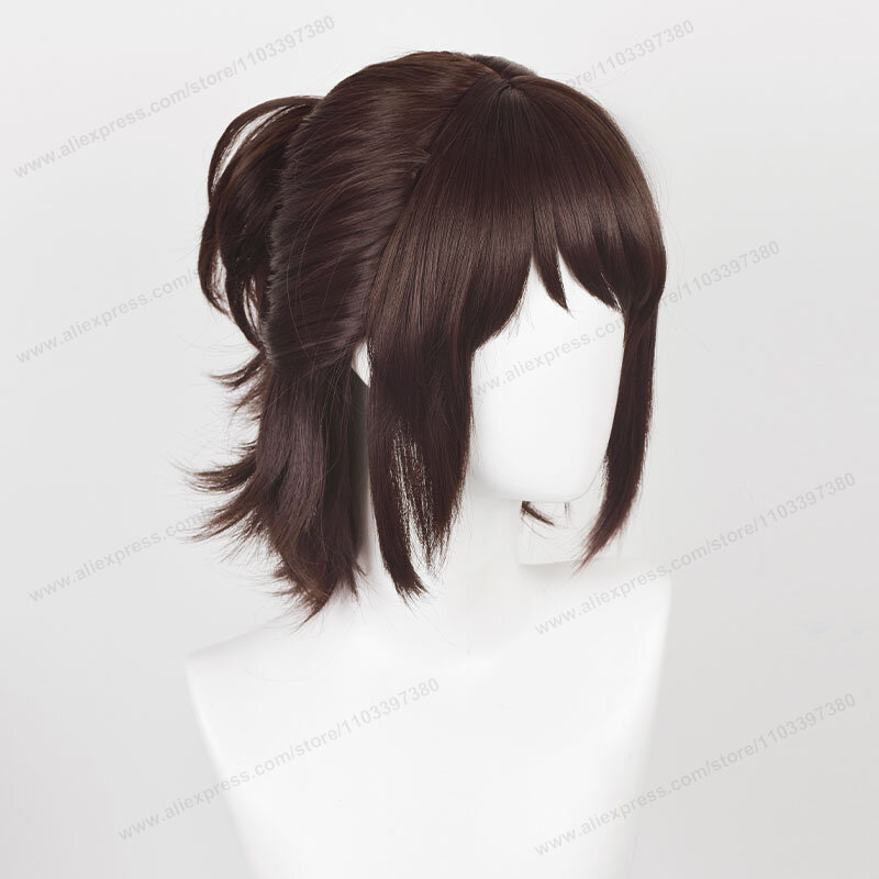 Hange Zoe Wig Cosplay 35cm, Wig sintetik tahan panas rambut pendek coklat tua + topi Wig