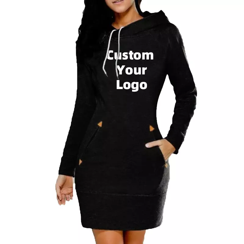 Custom Uw Logo Vrouwen Lange Mouw Trekkoord Hoodie Jurken Met Zakmode Dames Slanke Capuchon Sweatshirt Jurk