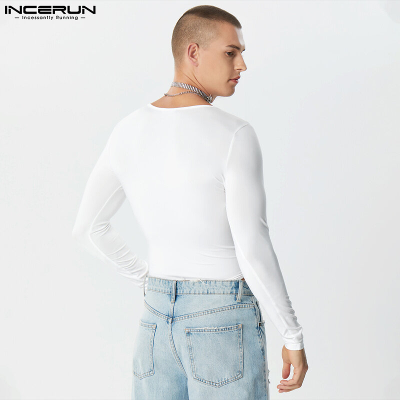 INCERUN Men Bodysuits Solid Hollow Out Lace Up Sexy Male Rompers Streetwear Fitness O-neck Long Sleeve Fashion Bodysuit S-5XL