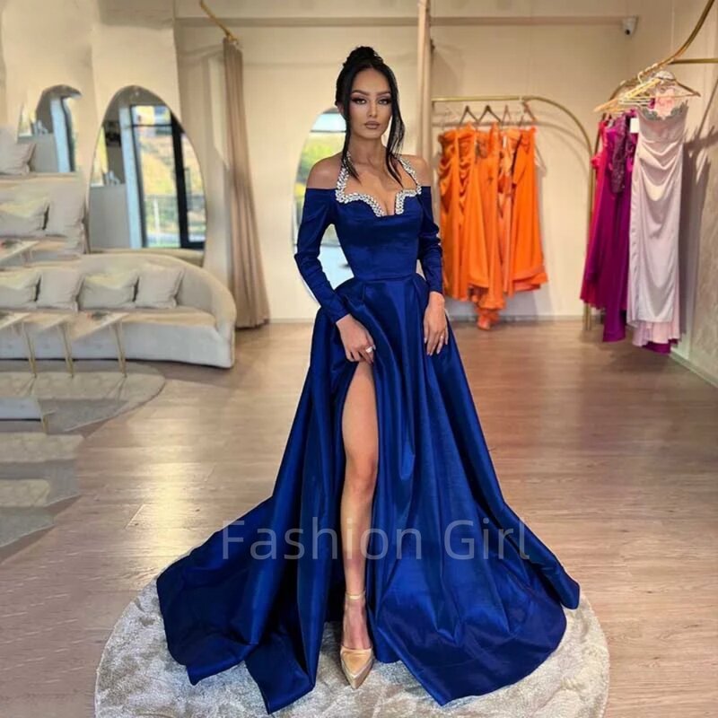 Klasyczna królewska niebieska sukienka balowa elegancka wysokie rozcięcie na szelkach plisowana suknia wieczorowa o długości podłogi suknia formalna okazja 2023