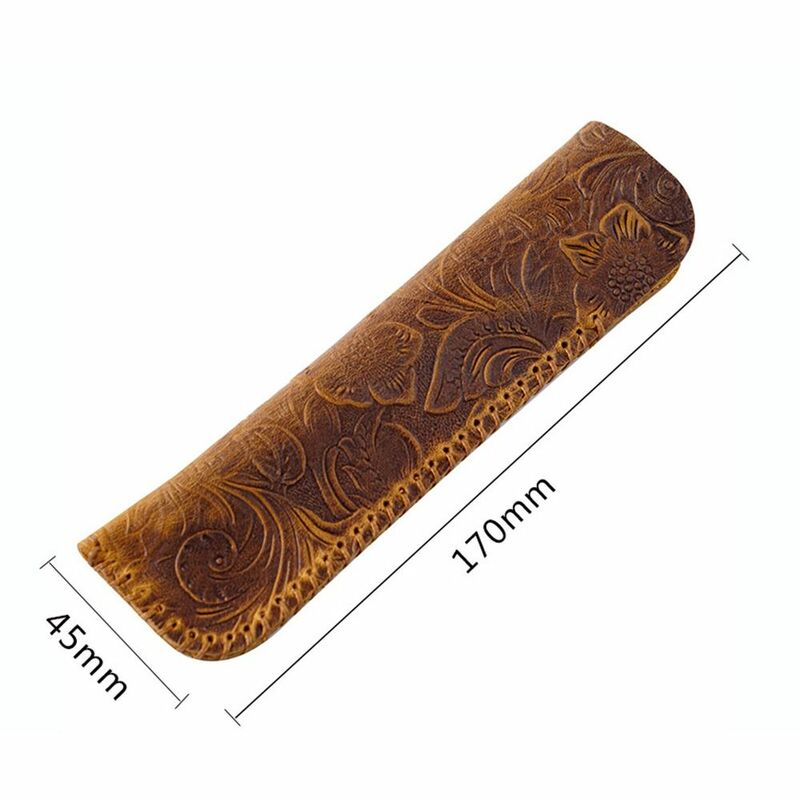 Genuine Leather Brown Embossing Flower Creative Pen Bag Pencil Pouch Storage Bag Gift Protection Case