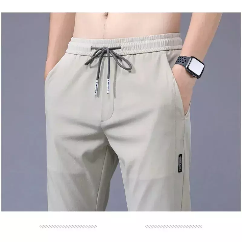Pantalones informales de pies finos para hombre, pantalón de seda de hielo, transpirable, a la moda, Harajuku, verano, 2024