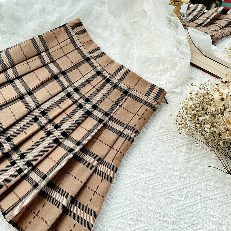 Женская юбка в полоску, плиссированная Осенняя мини-юбка в Корейском стиле с высокой талией, милая клетчатая юбка трапециевидной формы в студенческом стиле