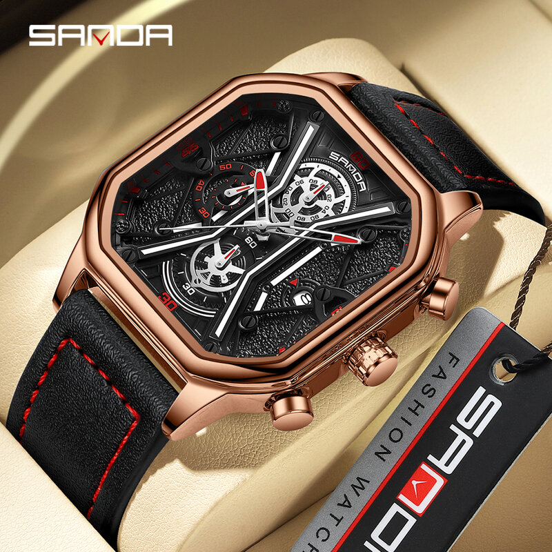SANDA 7057 Luxury Watch Business Waterproof Male Clock Luminous Date leather Square Quartz Men Wristwatches Reloj Hombre