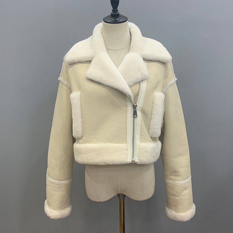 2023 neue Damenmode Leder Crop Jacken Double Face Shearing Mäntel echte Schaffell Wolle Mantel Winter warm kurzen Mantel